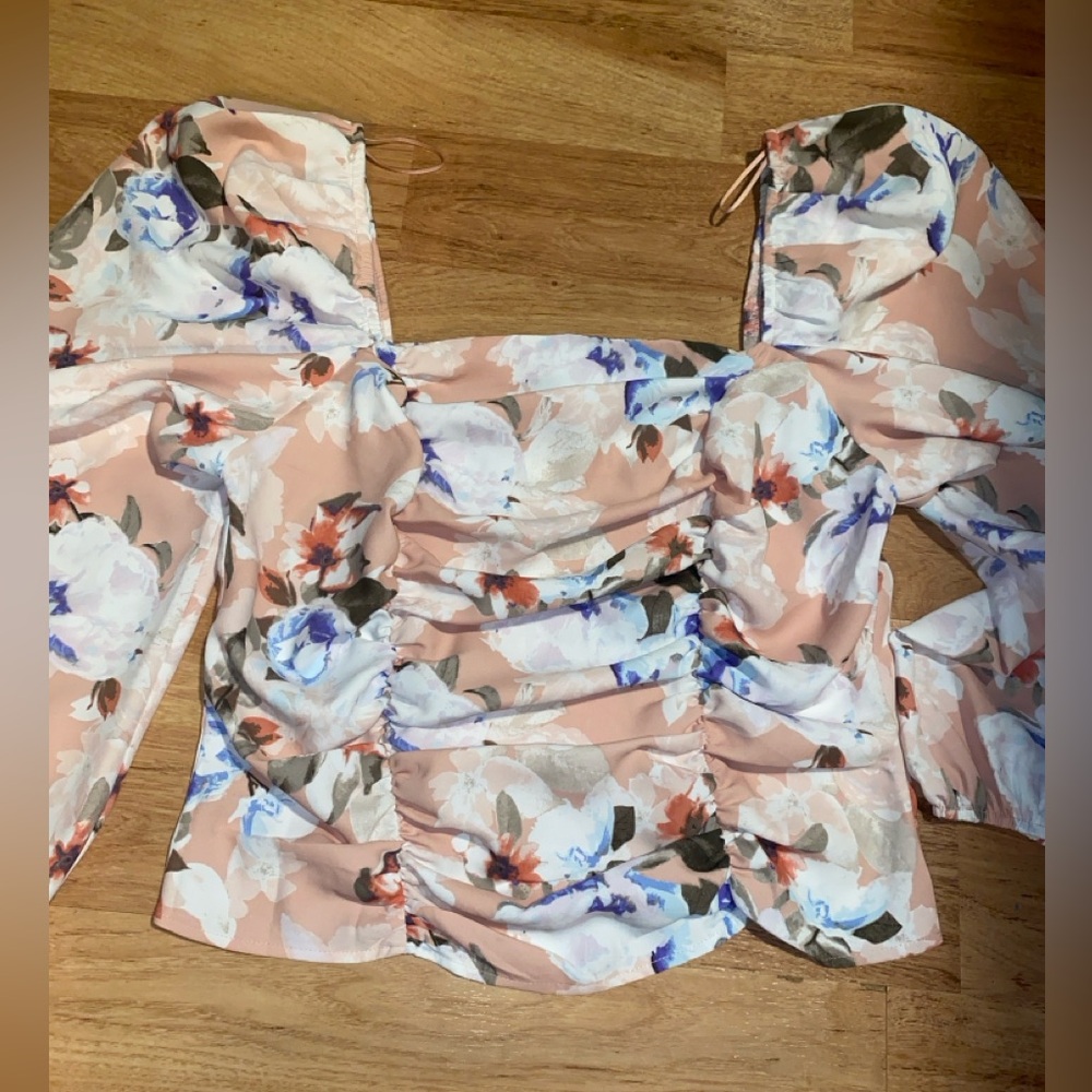 Express Floral Print Ruched Puff Sleeve Square Neck Off Shoulder Top Large - Picture 11 of 12